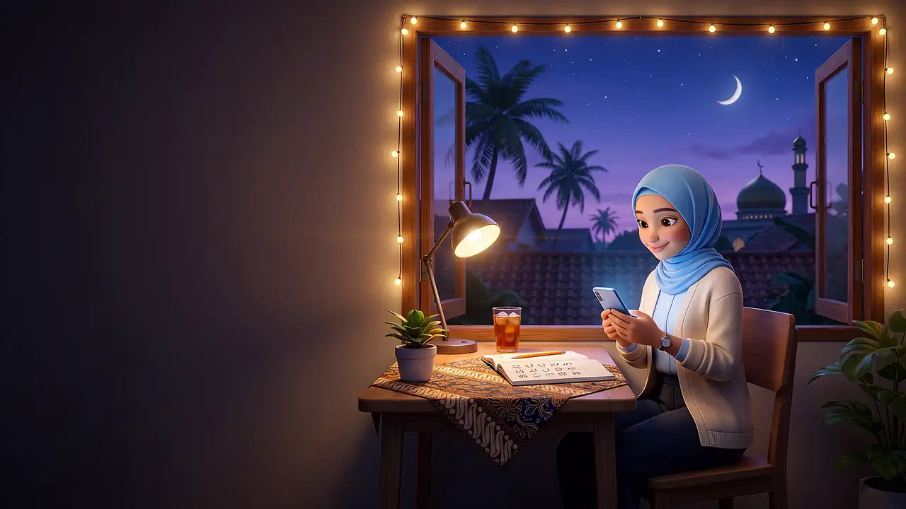 Malam hari di Indonesia: seorang perempuan berhijab biru langit belajar bahasa Jepang di HP-nya di dekat jendela, dengan siluet masjid dan pohon kelapa.