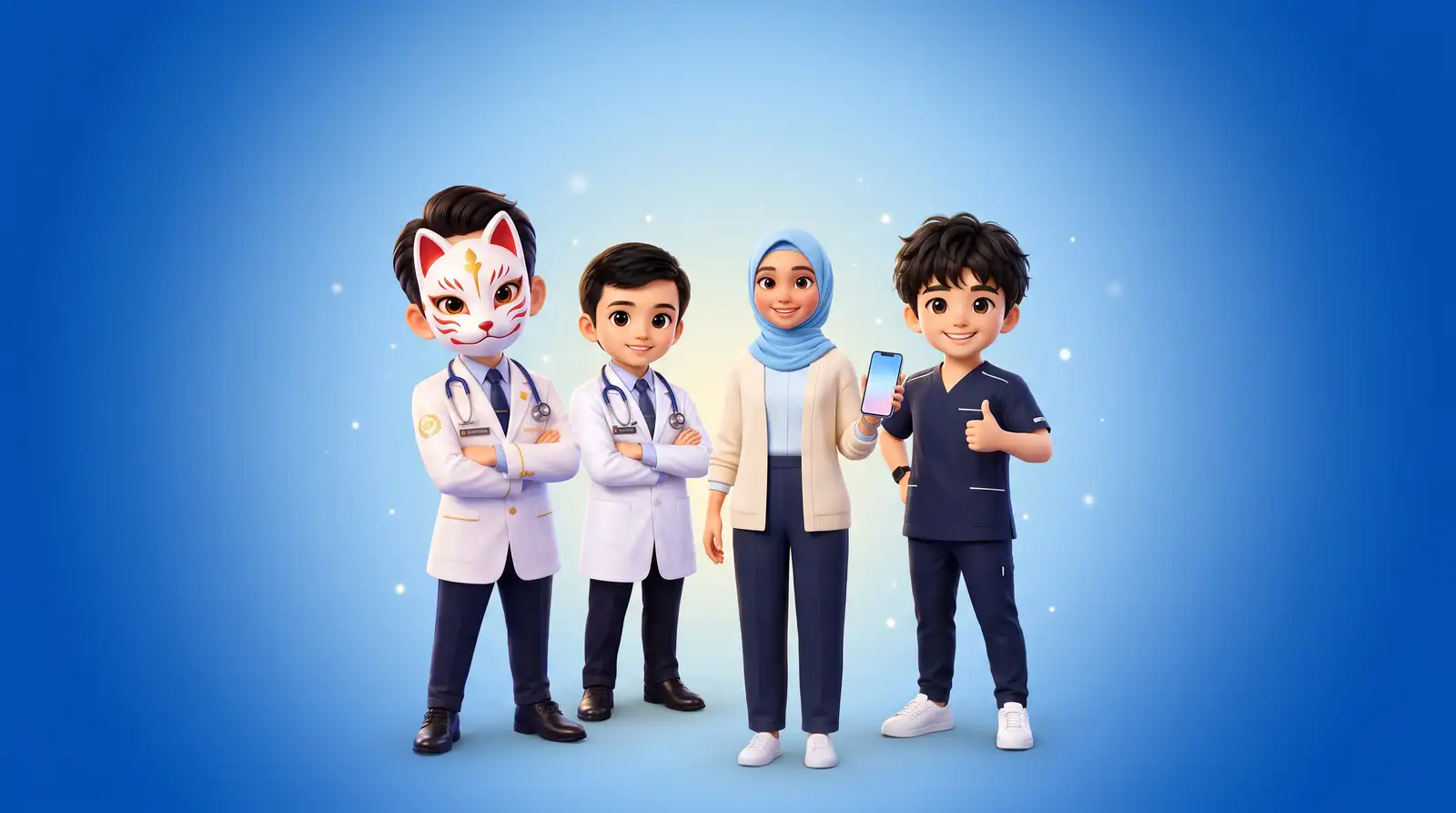 Tiga pelatih EduHon — Dr. Hilman, Dr. Edo, dan Be Sensei — bersama seorang pelajar berhijab biru