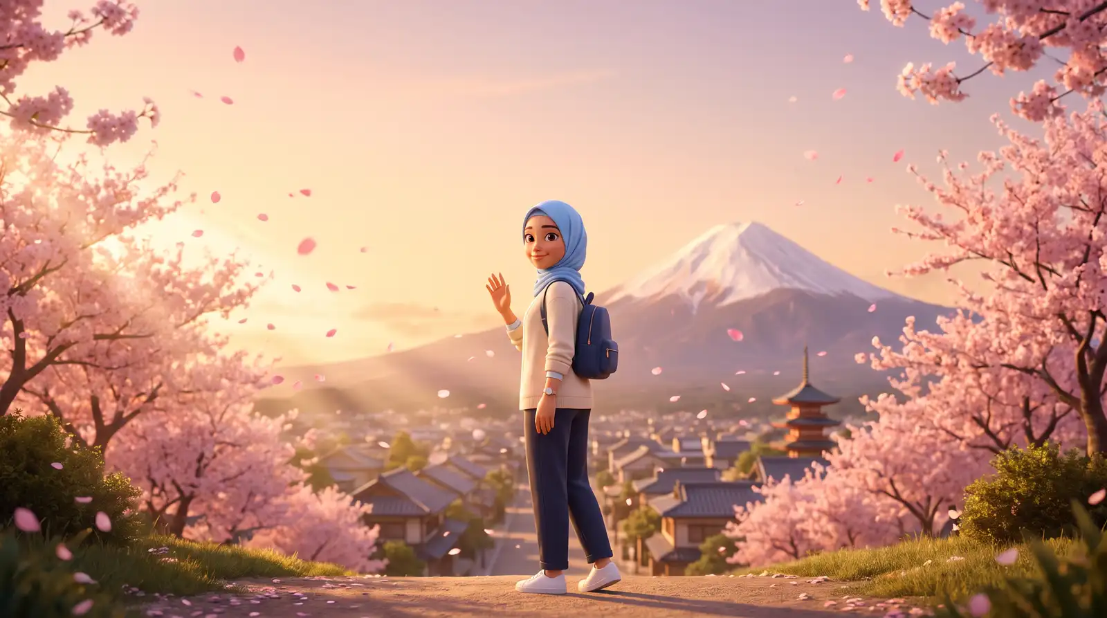 Senja di Jepang: perempuan berhijab biru melambai di jalan bukit berbunga sakura dengan Gunung Fuji di kejauhan