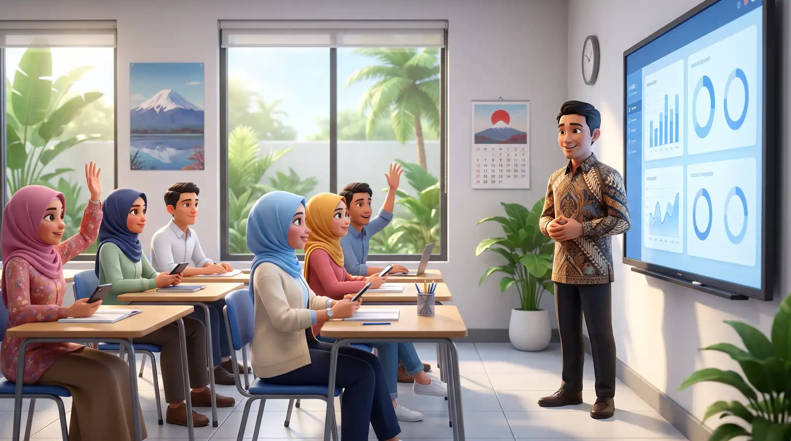 Kelas di sebuah LPK di Indonesia: pengajar menjelaskan dasbor kemajuan, para peserta belajar dengan HP