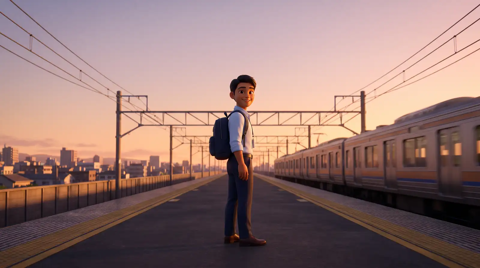 Senja di peron stasiun kereta di Jepang: pemuda Indonesia berkemeja biru menoleh sambil tersenyum setelah pulang kerja.