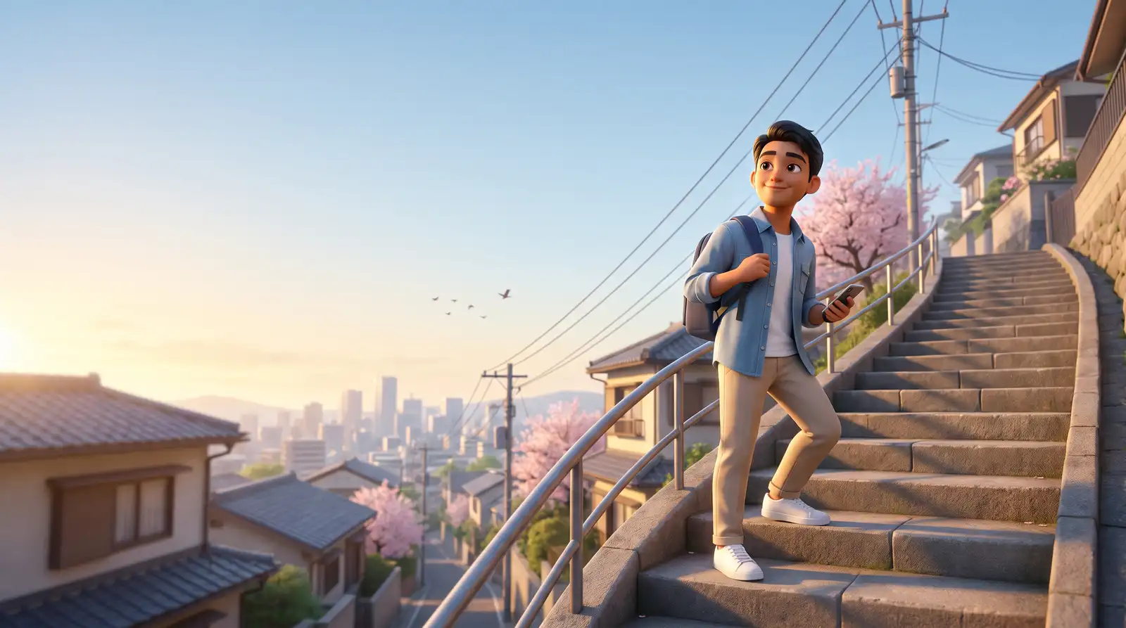 Pagi hari di Jepang: seorang pemuda Indonesia berkemeja denim menaiki tangga batu yang panjang sambil memegang HP dan tersenyum ke arah puncak tangga.